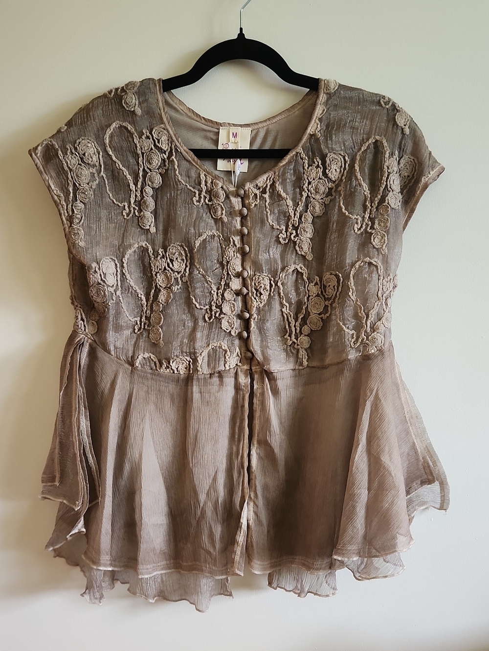 Pretty Angel - Embroidered Taupe Peplum Tunic Top M